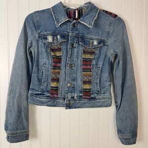 Free People Jean Jacket Women's 4 Blue Multicolor Aztec‎ Baja Print Distressed